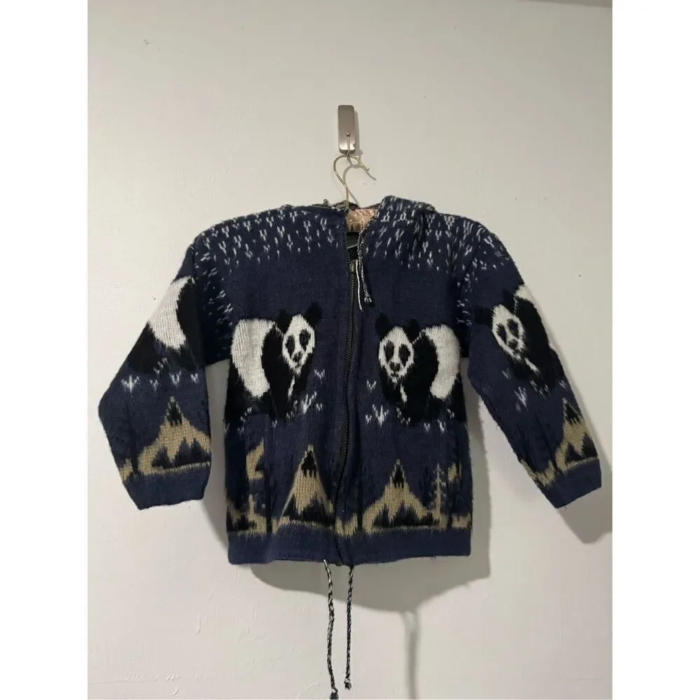 Panda Bear print hooded sweater wool kids 7/8